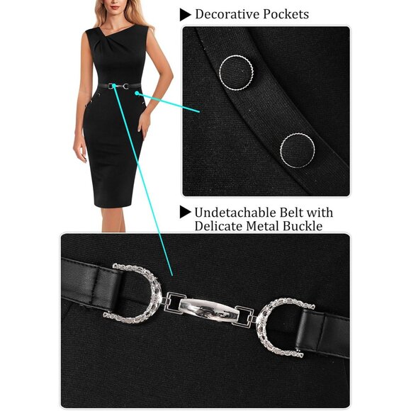 Women's Cocktail Dress Sleeveless Pleated Asymmetric Neck Belted Work - Picture 4 of 6